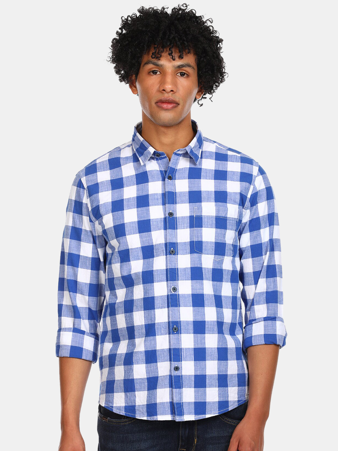 

Ruggers Men Blue & White Checked Cotton Casual Shirt