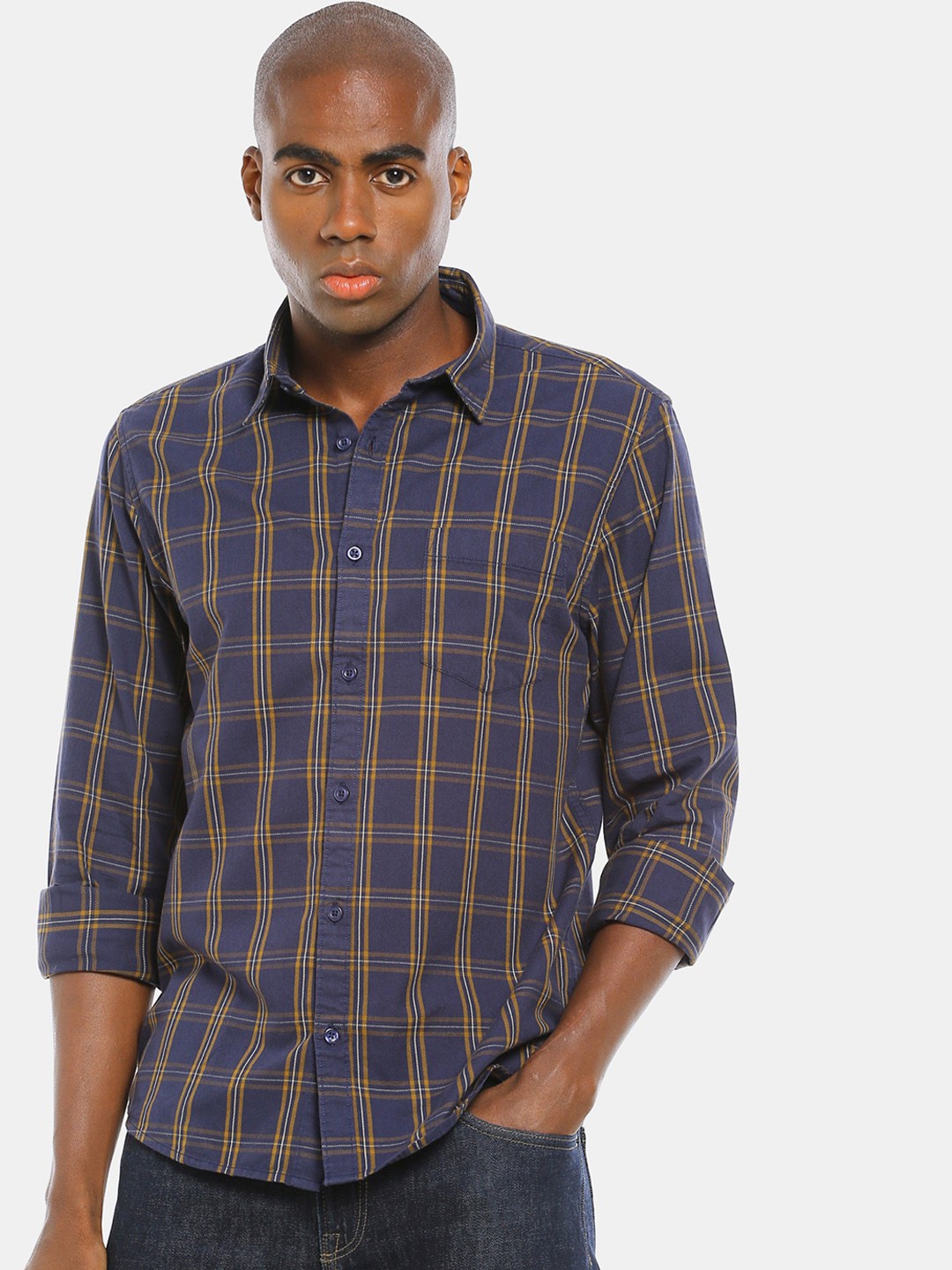 

Ruggers Men Blue & Yellow Checked Pure Cotton Casual Shirt