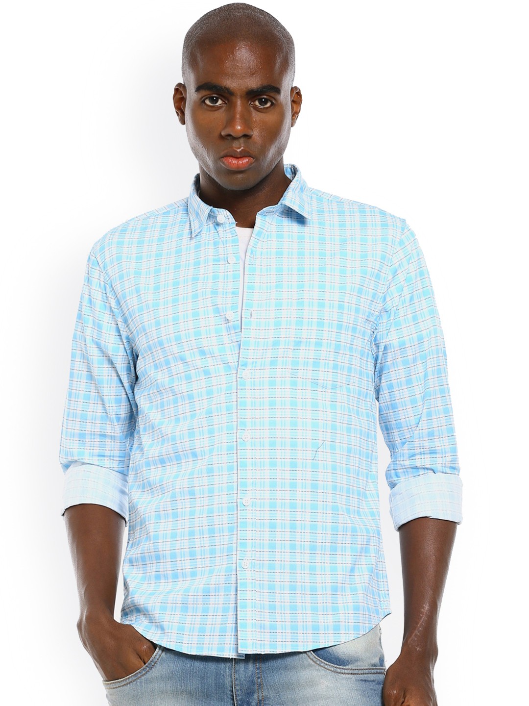 

Ruggers Men Light Blue & White Pure Cotton Checked Casual Shirt