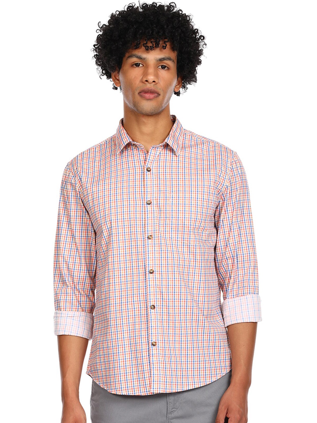 

Ruggers Men Orange And Blue Checked Casual Shirt