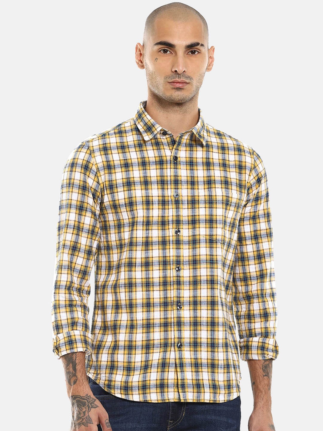 

Ruggers Men Yellow Tartan Checks Opaque Checked Casual Shirt