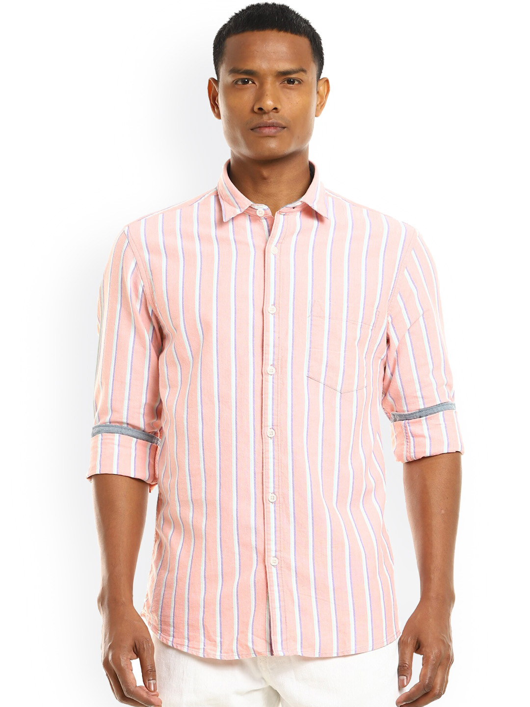 

Ruggers Men Orange & White Striped Casual Shirt