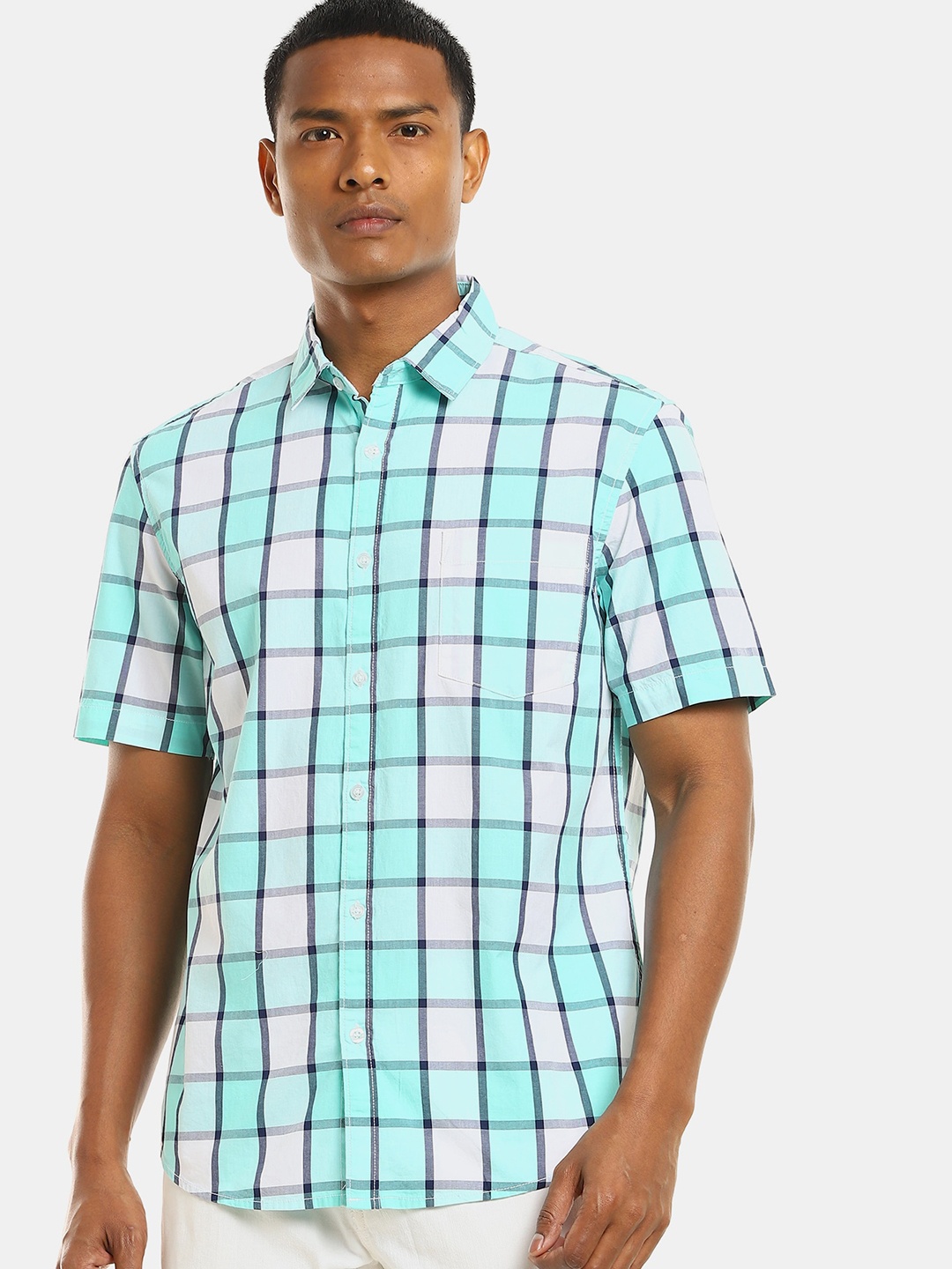 

Ruggers Men Turquoise Blue Windowpane Checks Checked Casual Shirt