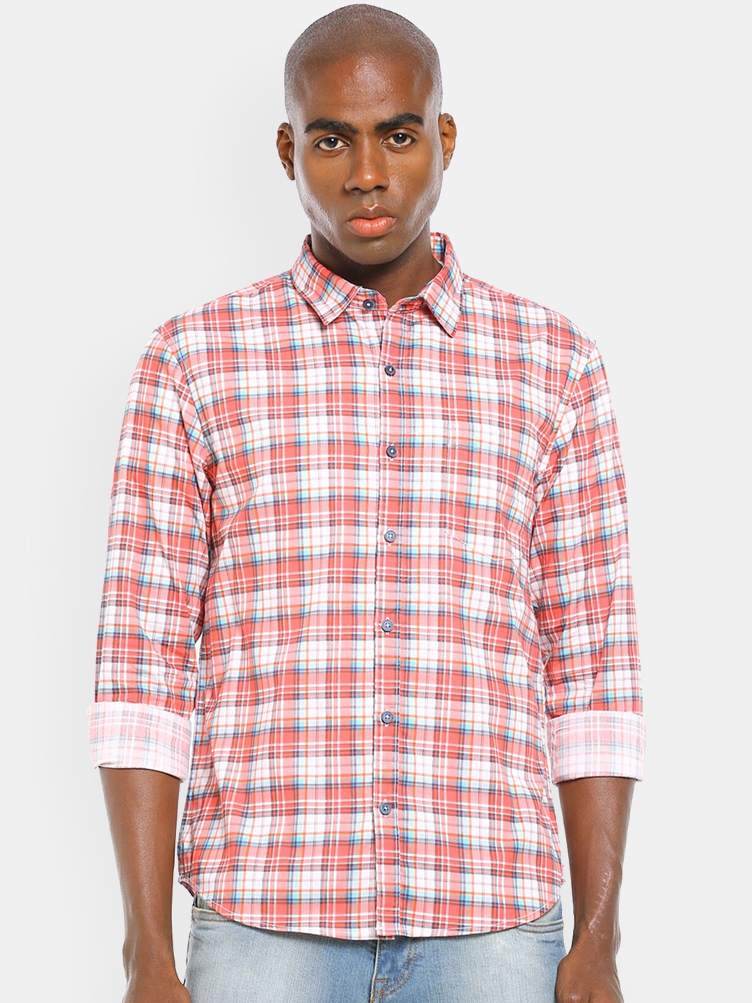 

Ruggers Men Orange Tartan Checked Casual Cotton Shirt