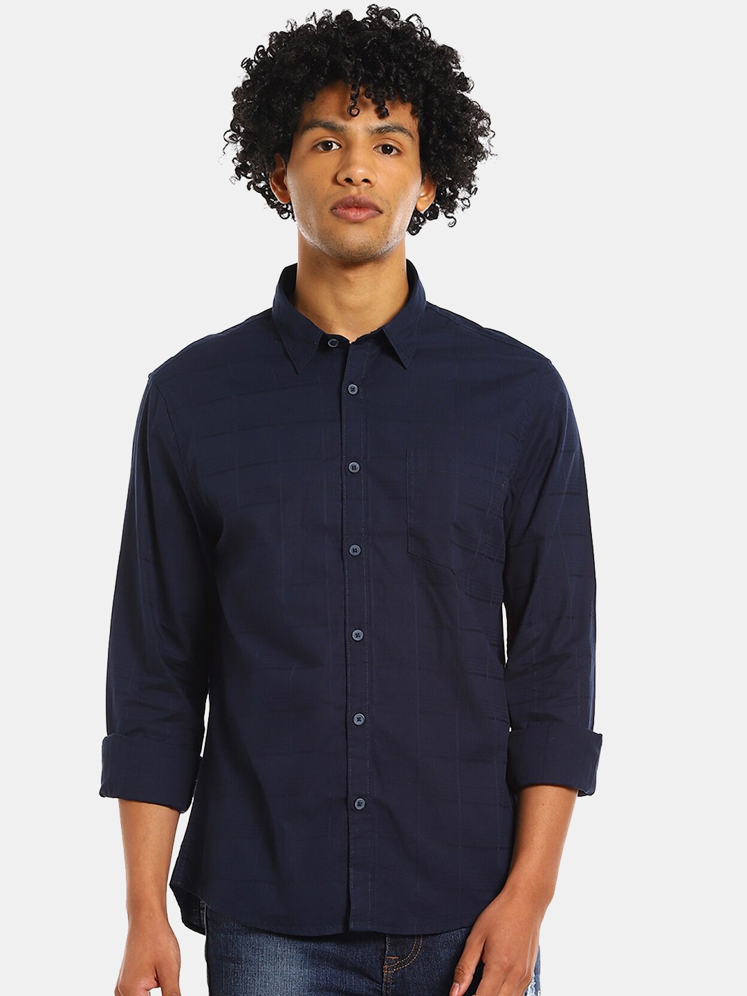 

Ruggers Men Navy Blue Checked Spread Collar Casual Shirt