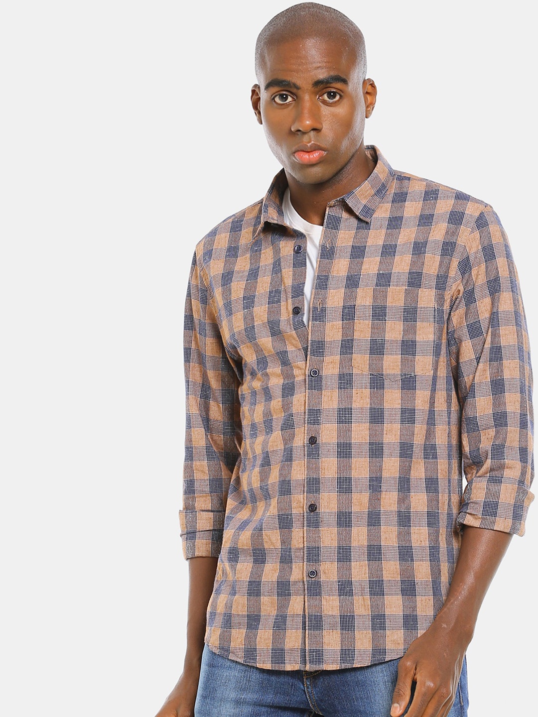 

Ruggers Men Navy Blue and Brown Cotton Checked Casual Shirt