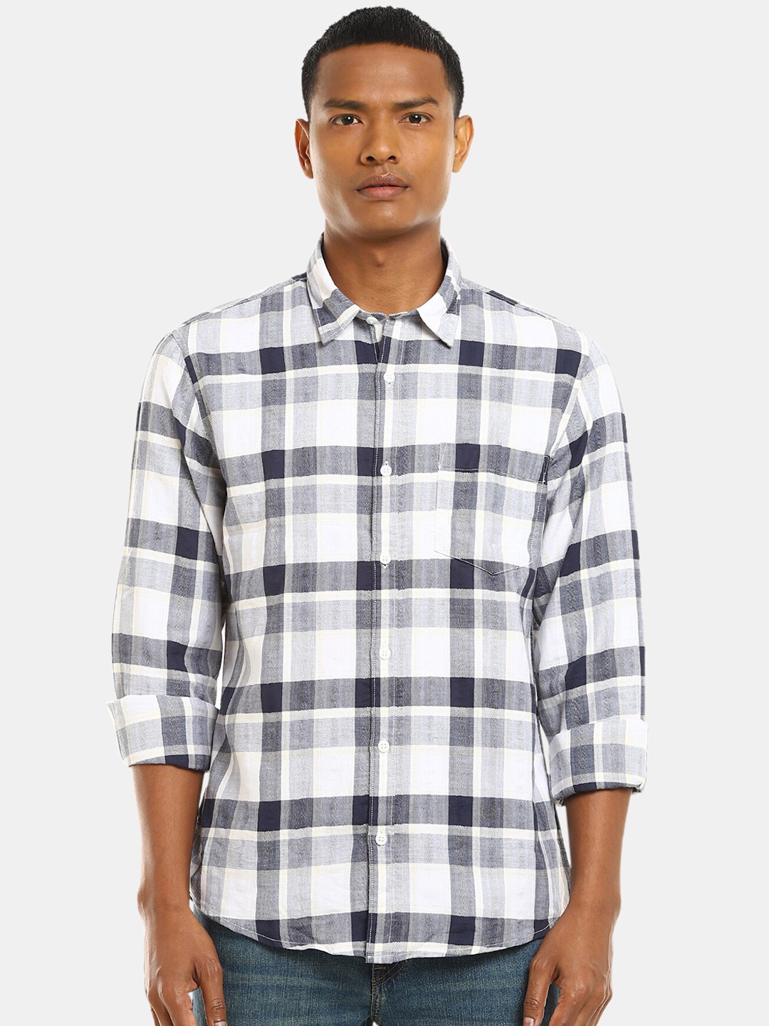 

Ruggers Men White & Black Checked Cotton Casual Shirt
