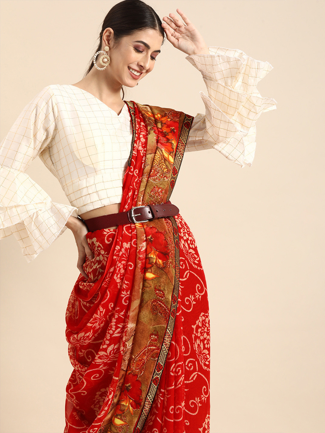 

Anouk Red & Beige Floral Pure Georgette Bhagalpuri Saree