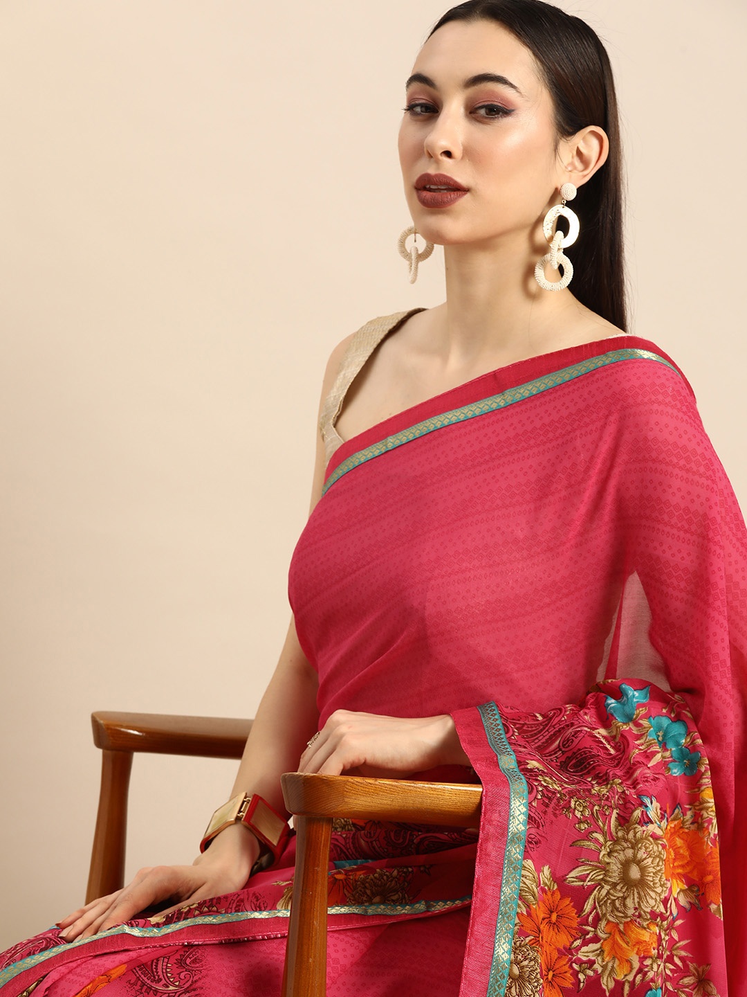 

Anouk Pink Pure Georgette Floral Printed Bhagalpuri Saree