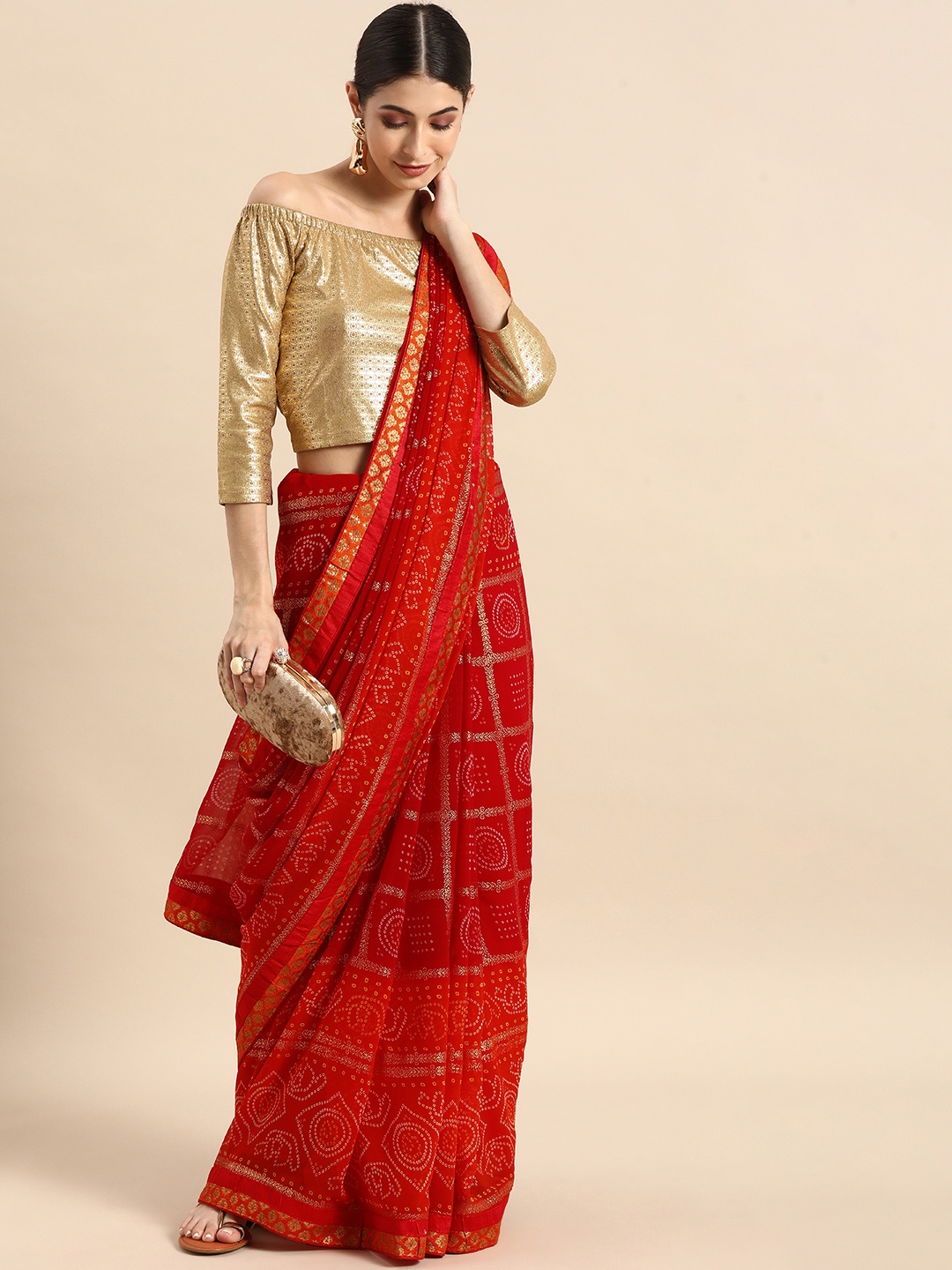 

Anouk Red & Orange Beads and Stones Detail Pure Georgette Bhagalpuri Saree