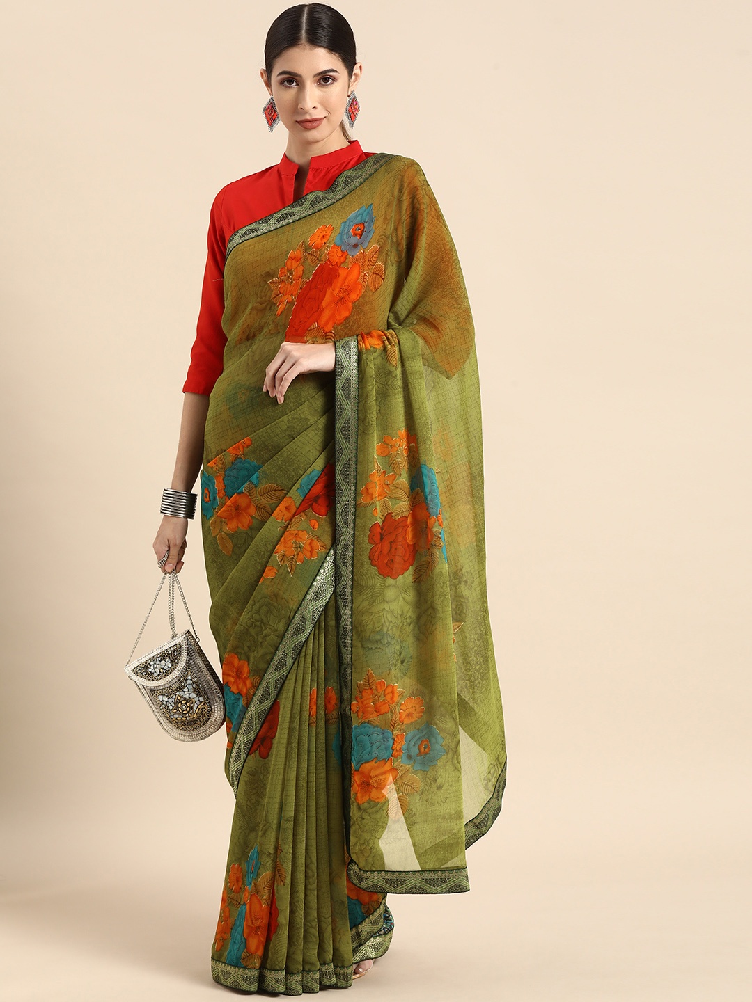

Anouk Green & Orange Floral Pure Georgette Bhagalpuri Saree