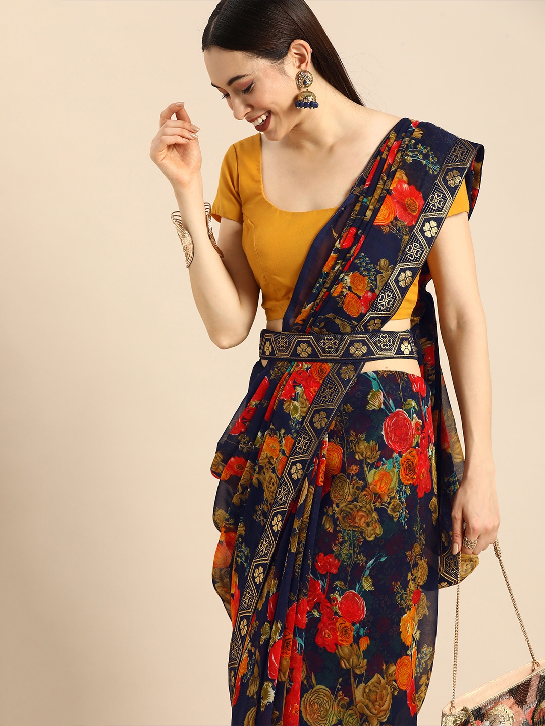 

Anouk Navy Blue & Red Floral Pure Georgette Bhagalpuri Saree