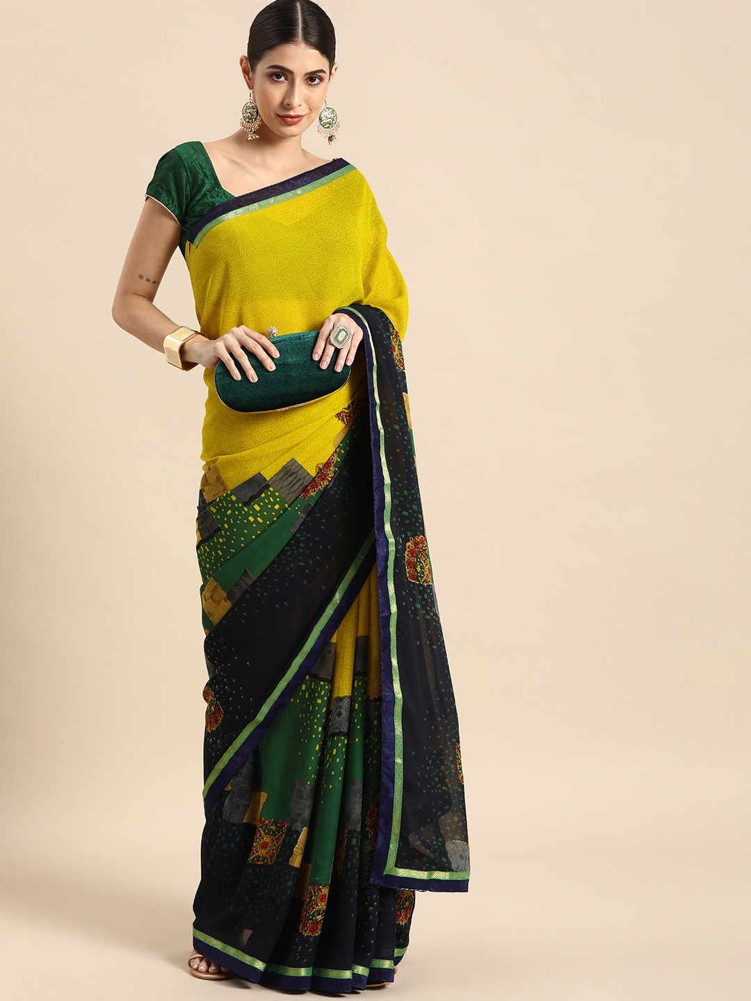 

Anouk Olive Green & Black Woven Design Pure Georgette Bhagalpuri Saree