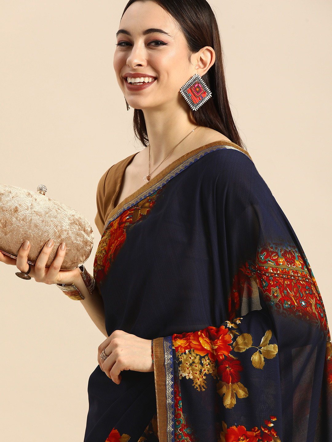 

Anouk Navy Blue & Red Woven Design Pure Georgette Bhagalpuri Saree