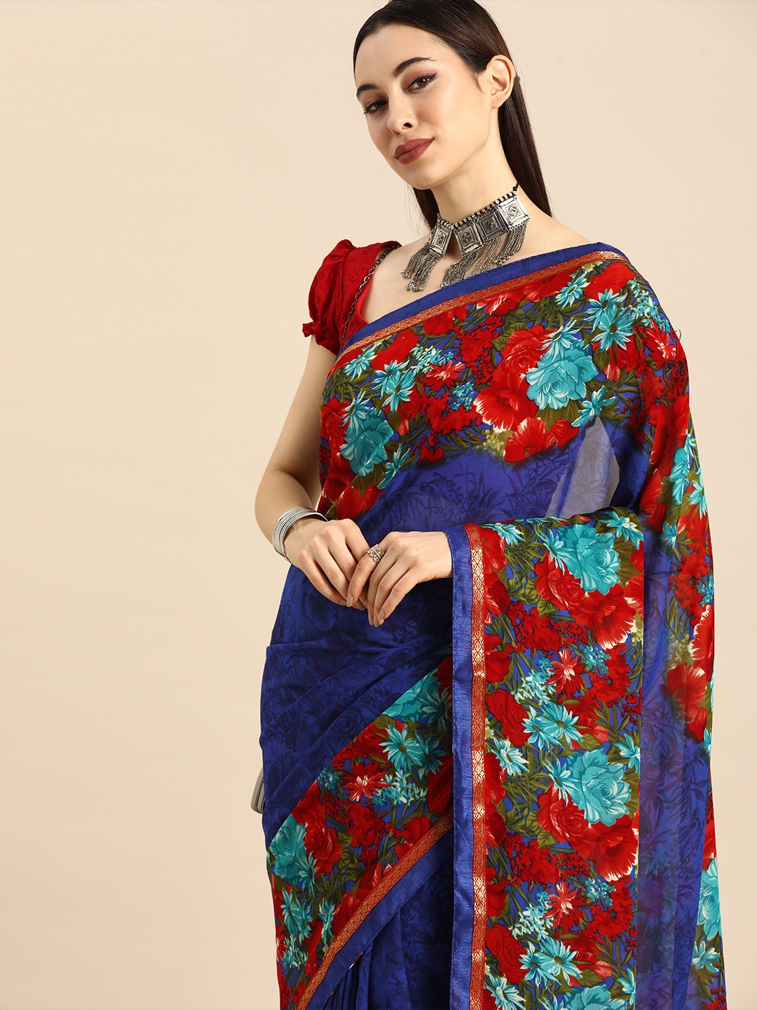 

Anouk Blue & Red Floral Print Pure Georgette Bhagalpuri Saree