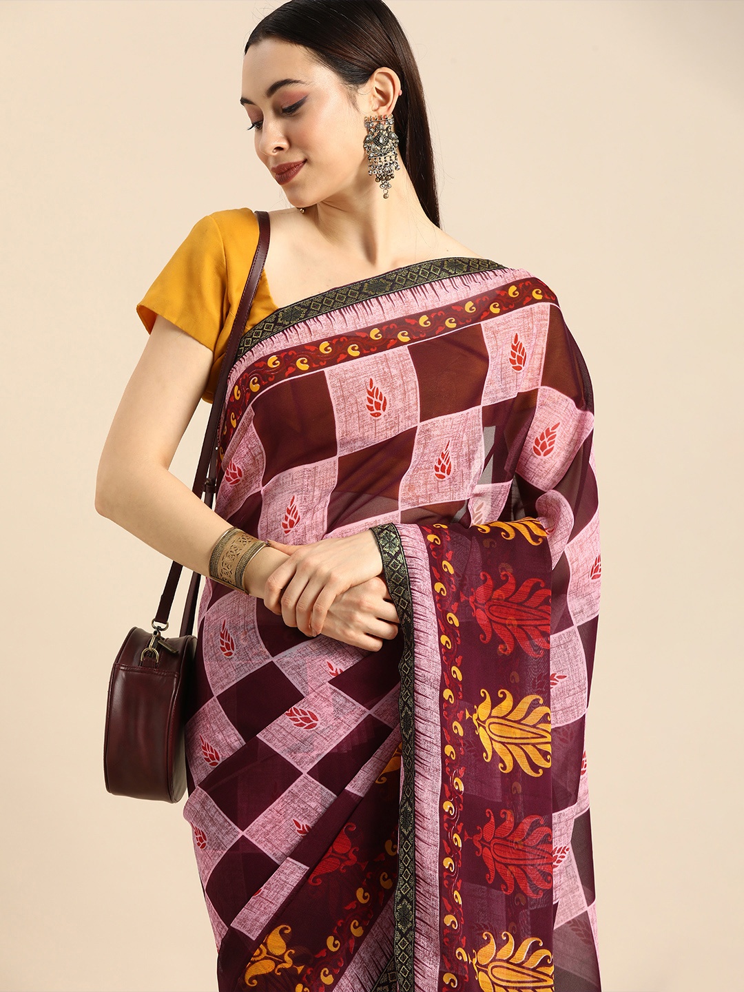 

Anouk Pink & Burgundy Ethnic Motifs Pure Georgette Bhagalpuri Saree