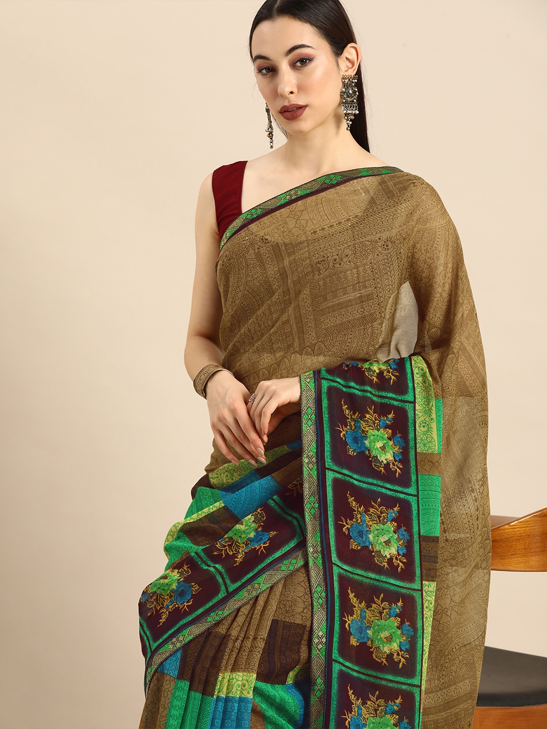 

Anouk Beige & Brown Ethnic Motifs Pure Georgette Floral Printed Bhagalpuri Saree