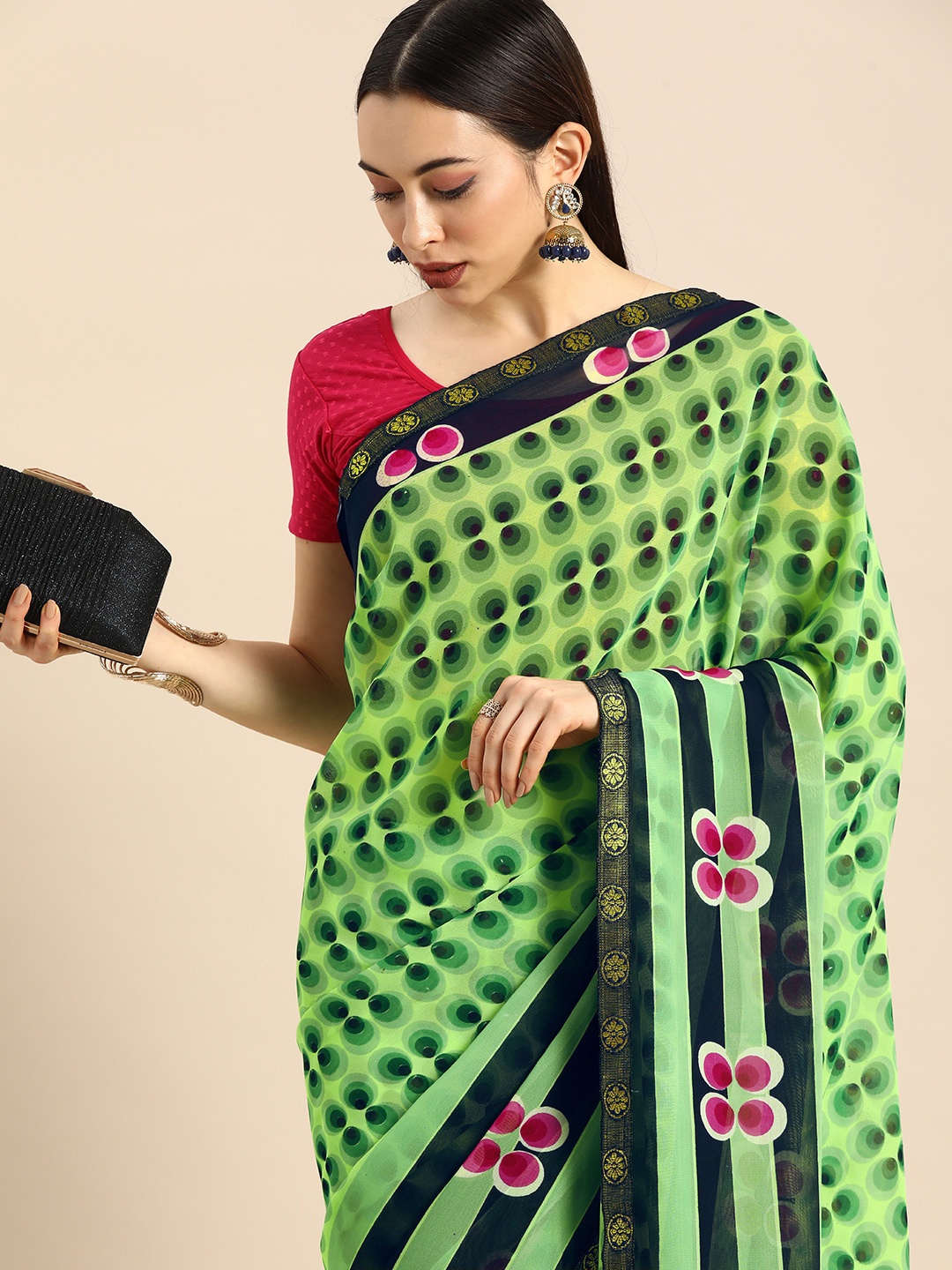 

Anouk Green & Navy Blue Printed Pure Georgette Bhagalpuri Saree