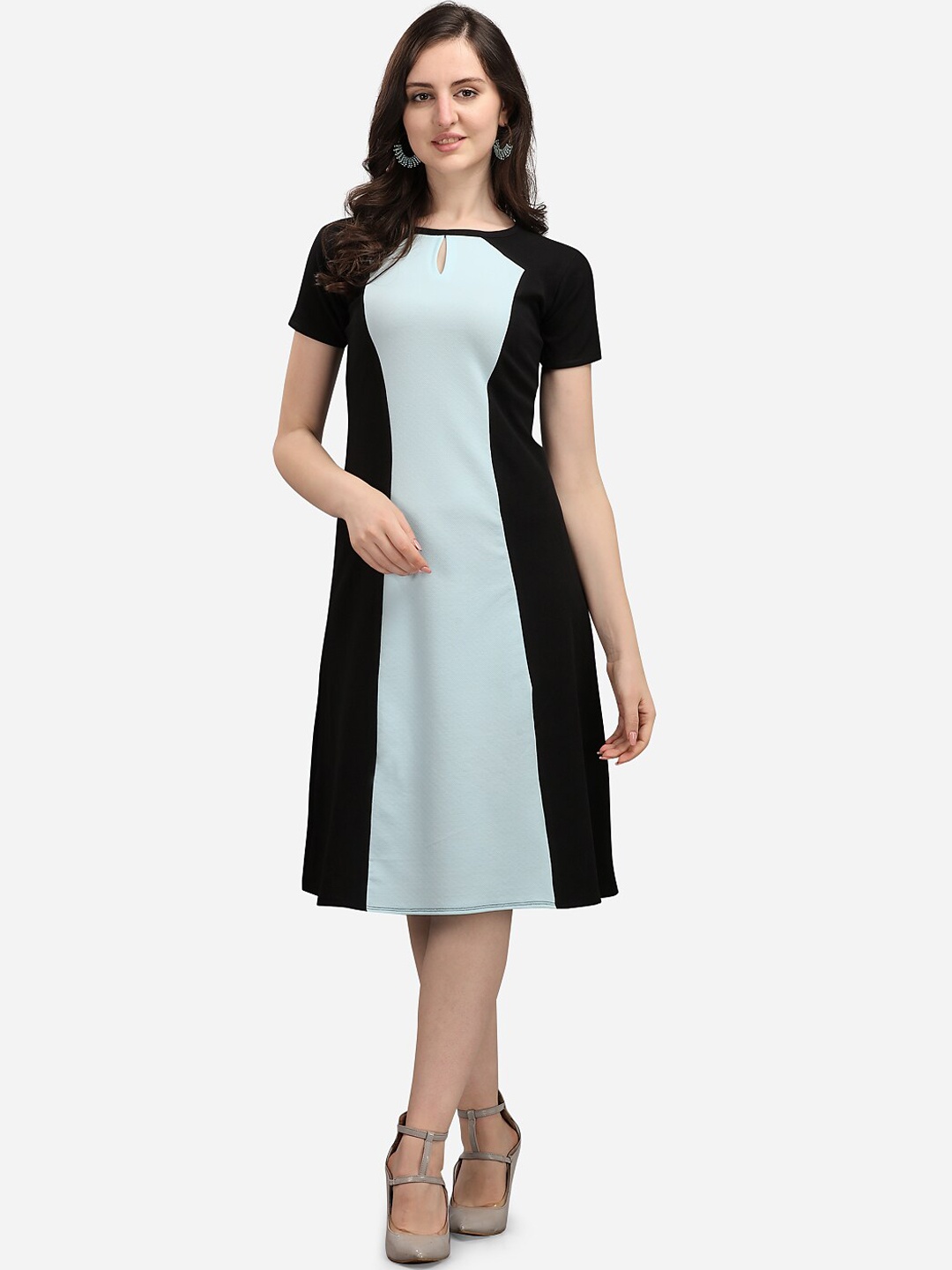 

PURVAJA Blue & Black Colourblocked Keyhole Neck A-Line Dress