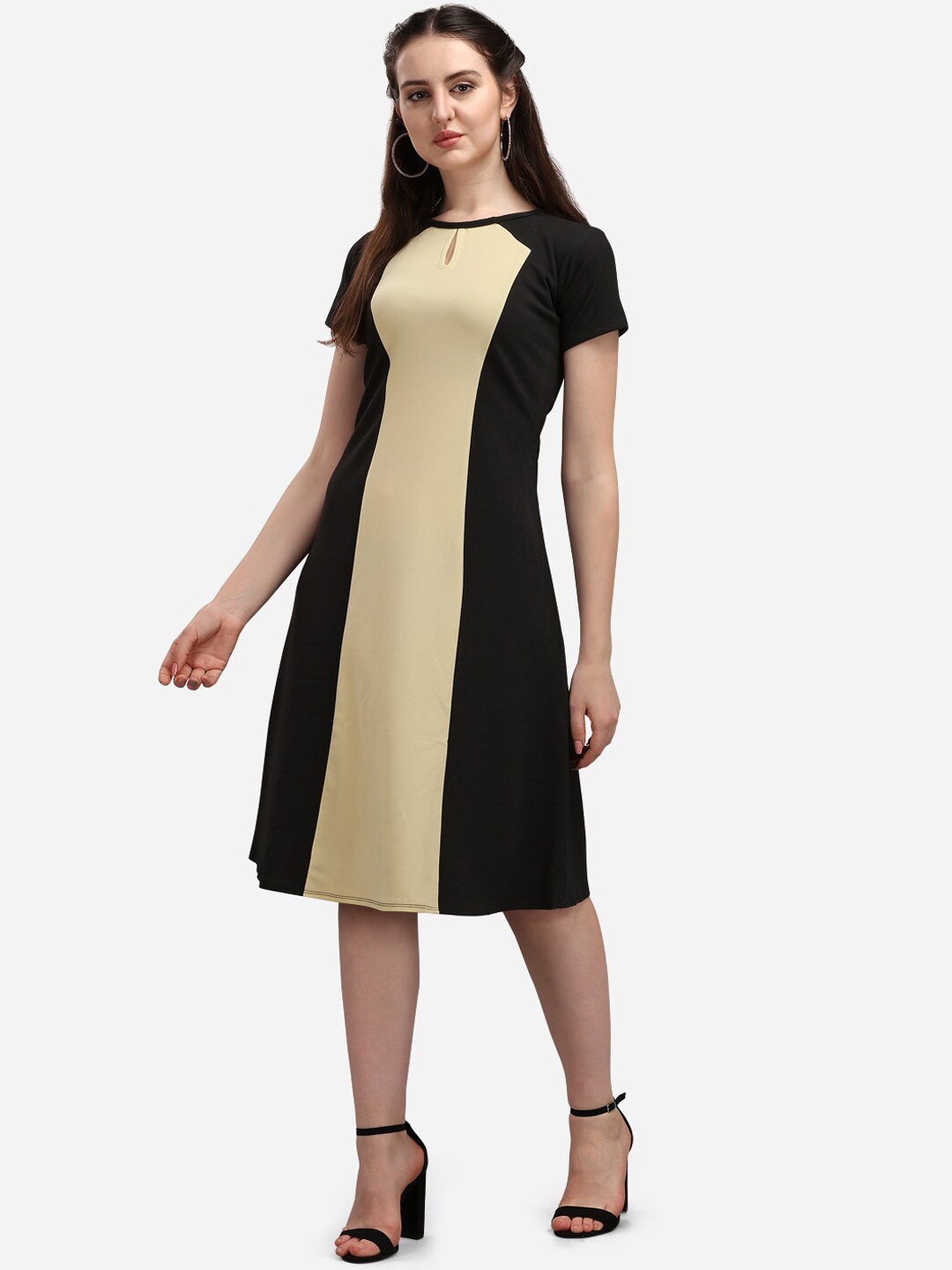 

PURVAJA Women Solid Yellow And Black Colourblocked A-Line Dress