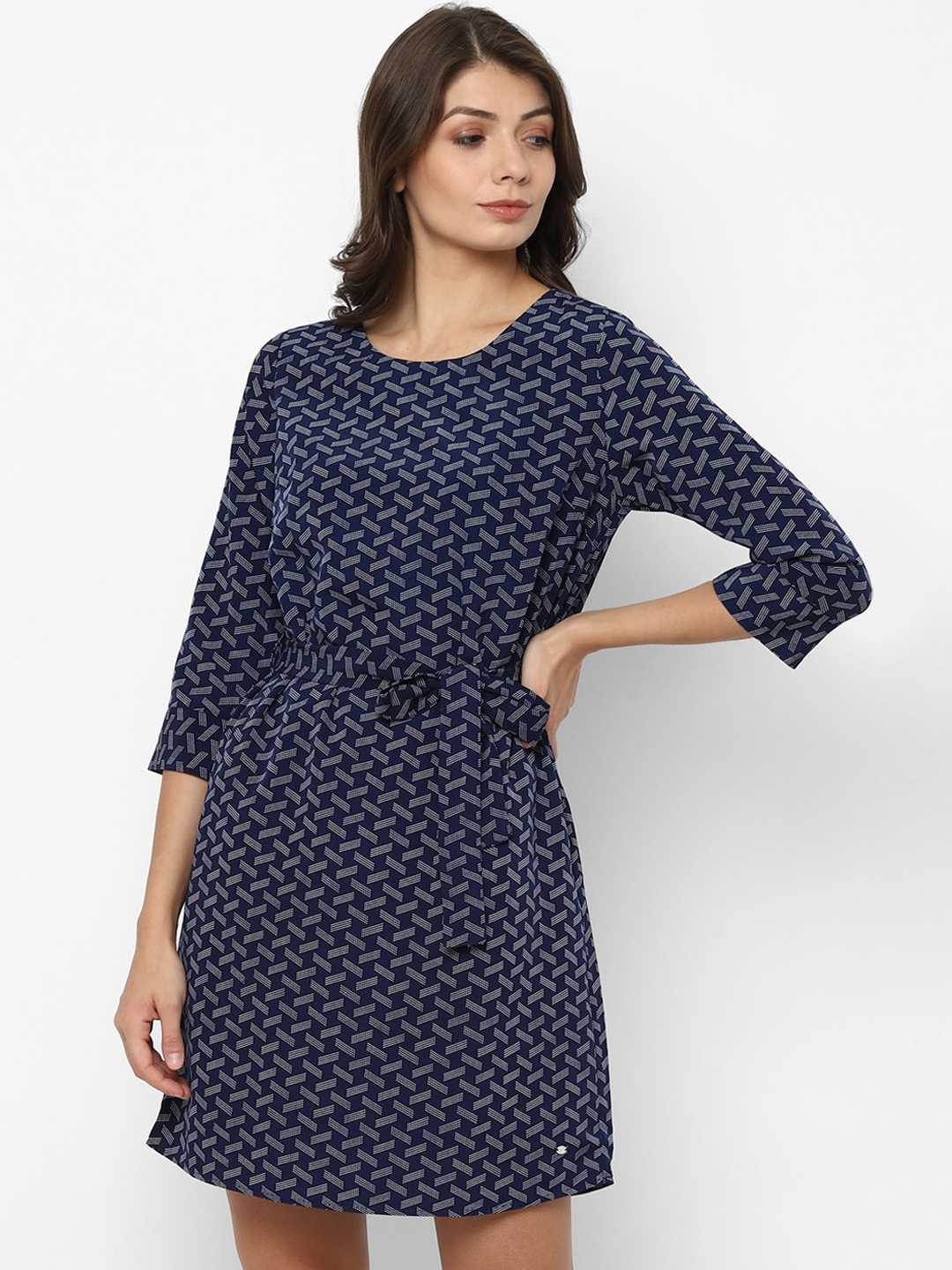 

Allen Solly Woman Navy Blue & White Printed Fit & Flare Dress With Belted Details