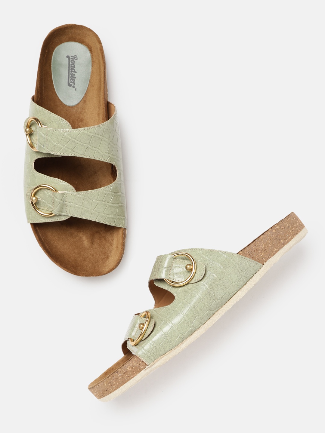 

Roadster Women Mint Green Croc Textured Open Toe Flats with Buckle Detail