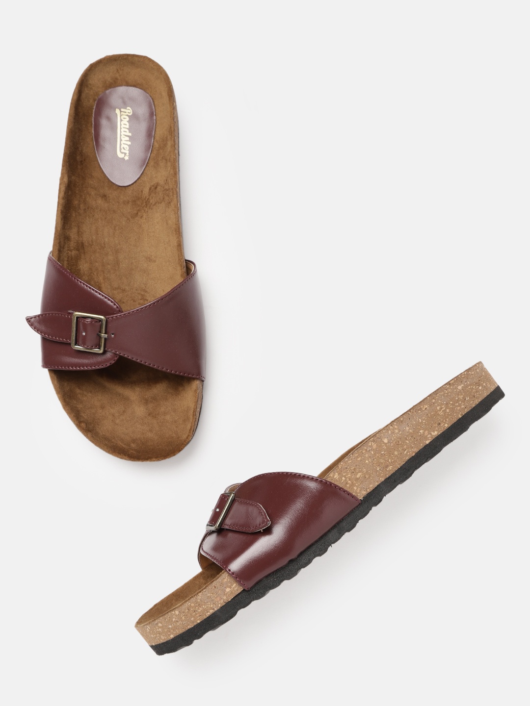 

Roadster Women Burgundy Solid Open Toe Flats with Buckle Detail