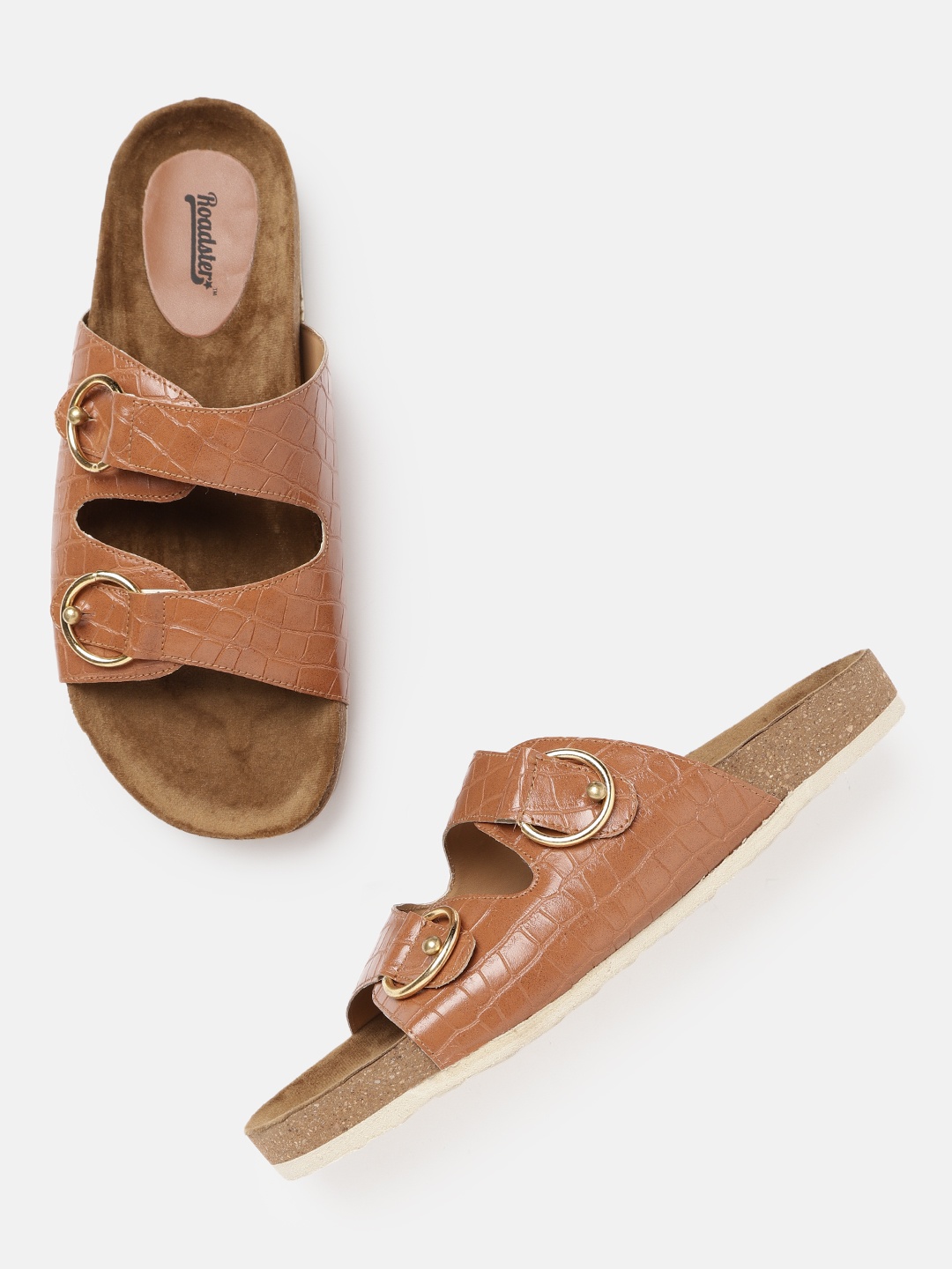 

Roadster Women Tan Brown Crocs Textured Open Toe Flats with Buckle Detail