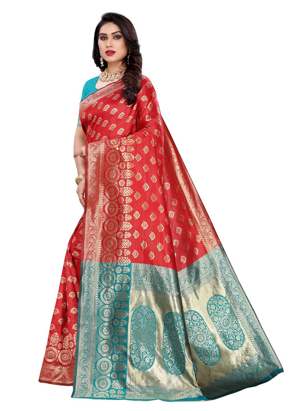 

KALINI Red & Teal Ethnic Motifs Zari Woven Design Banarasi Saree