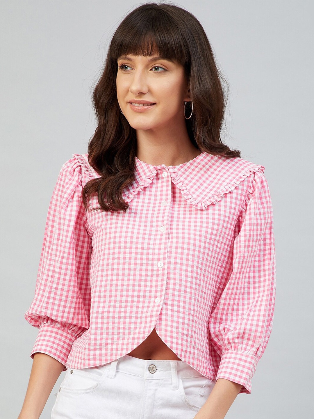 

Marie Claire Women Pink Checked Peter Pan Collar Shirt Style Cotton Top