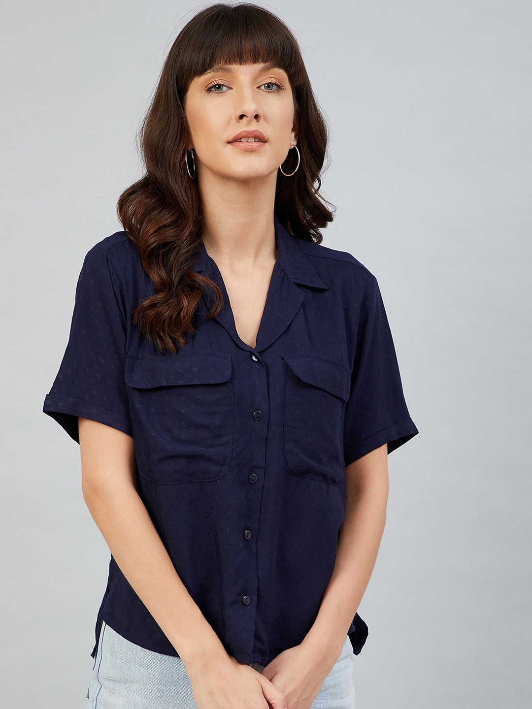 

Marie Claire Women Solid Navy Blue Casual Shirt
