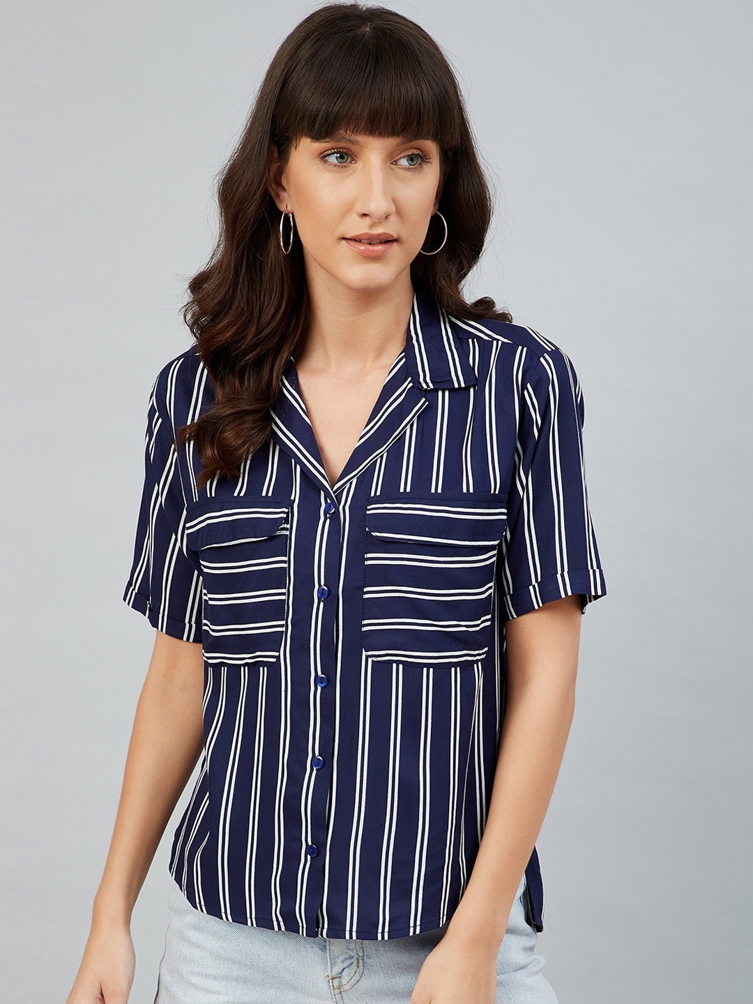 

Marie Claire Women Navy Blue Striped Casual Shirt