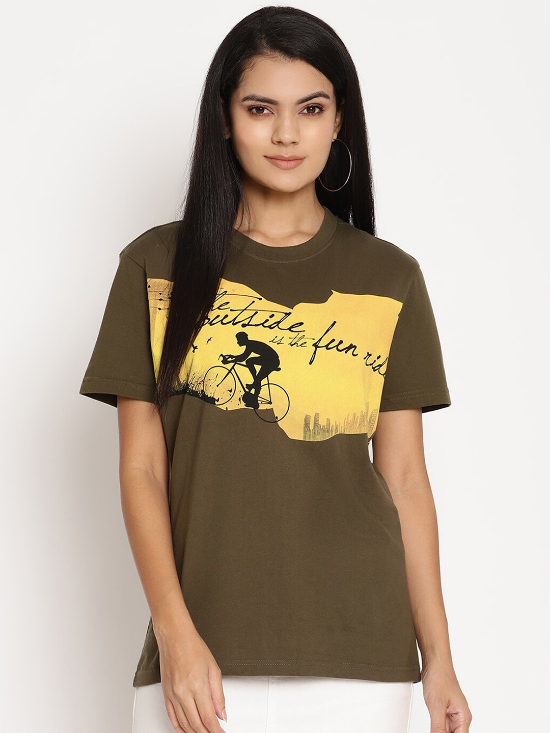 

Wolfpack Women Olive Green Pure Cotton Graphic Printed Pure Cotton T-shirt