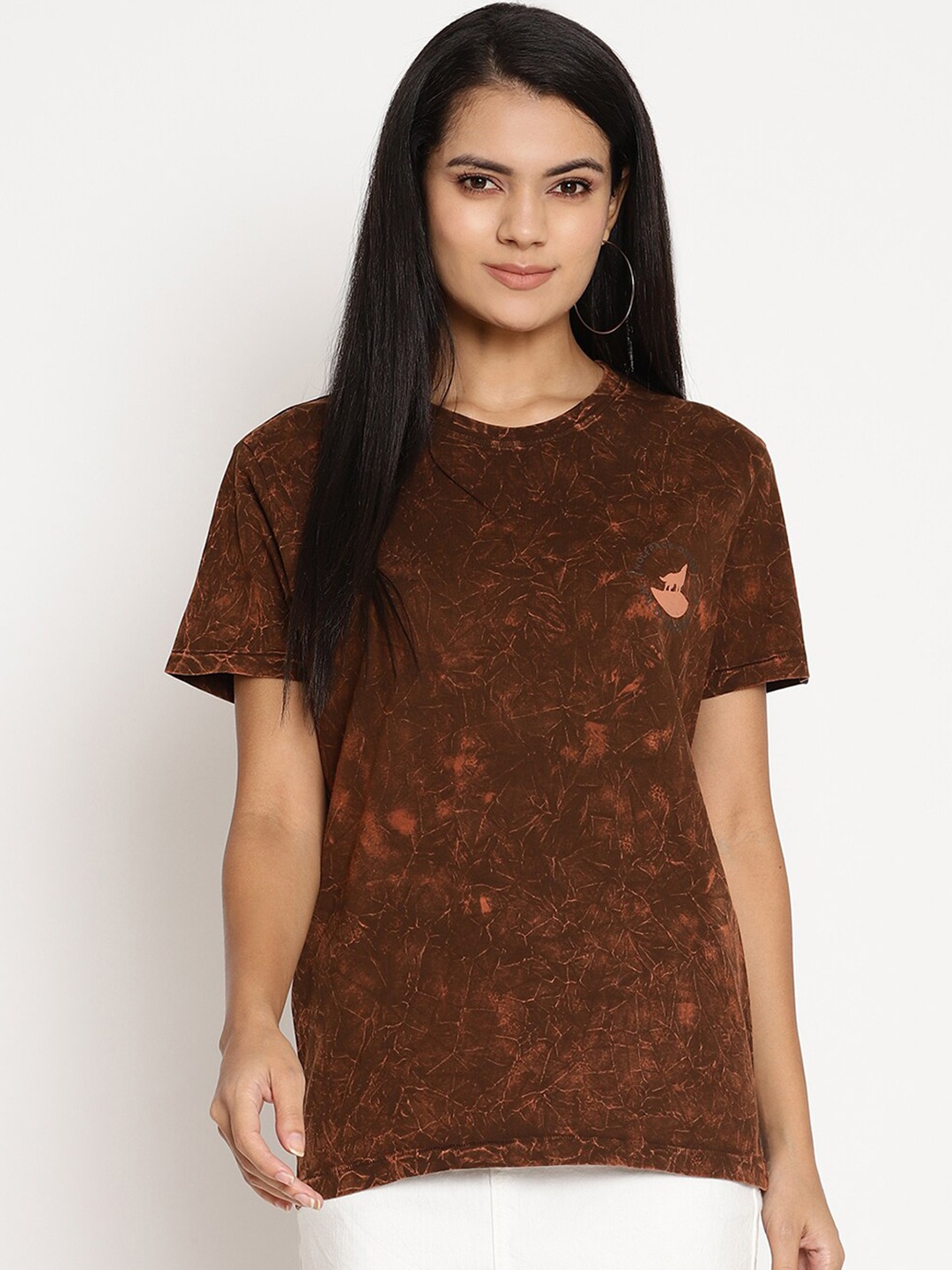 

Wolfpack Women Brown Tie and Dye Printed Pure Cotton T-shirt