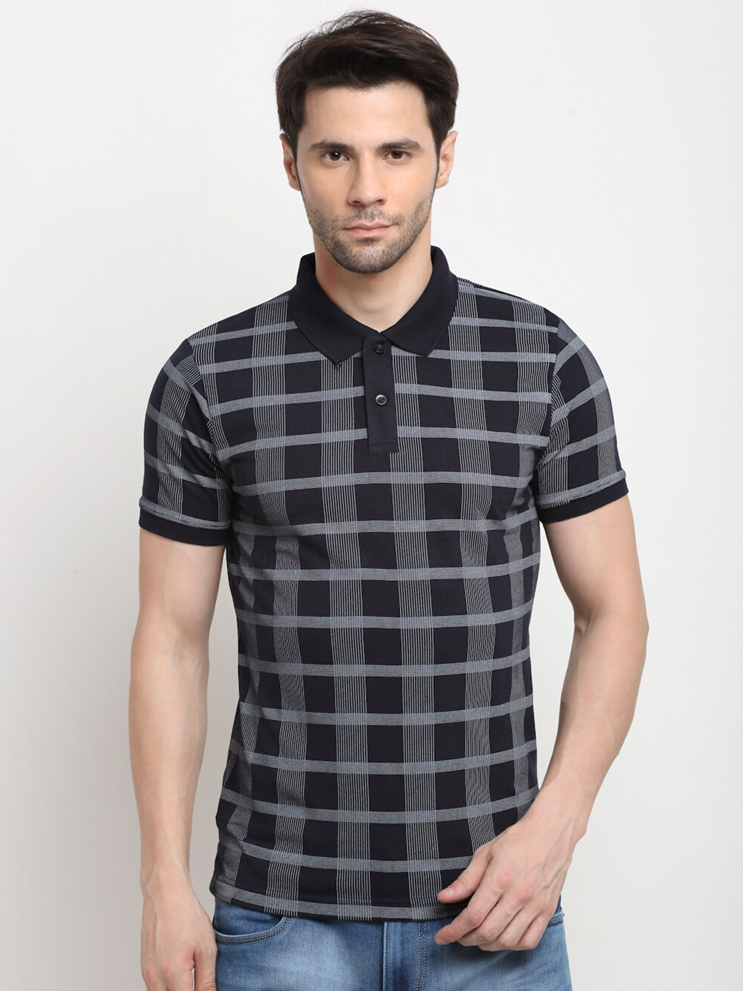 

Rodamo Men Dark Navy Blue Checked Polo Collar Slim Fit T-shirt