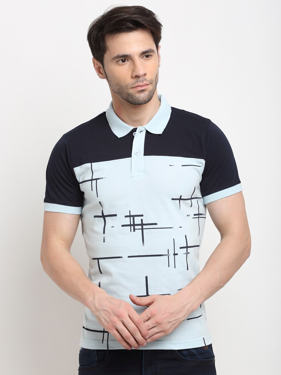 

Rodamo Men Blue Colourblocked Polo Collar Slim Fit T-shirt