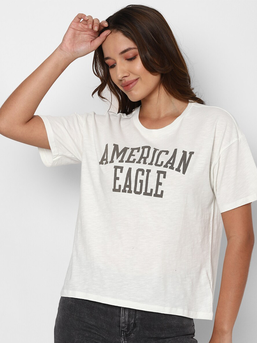

AMERICAN EAGLE OUTFITTERS Women White and Charcoal Grey Typography Printed T-shirt