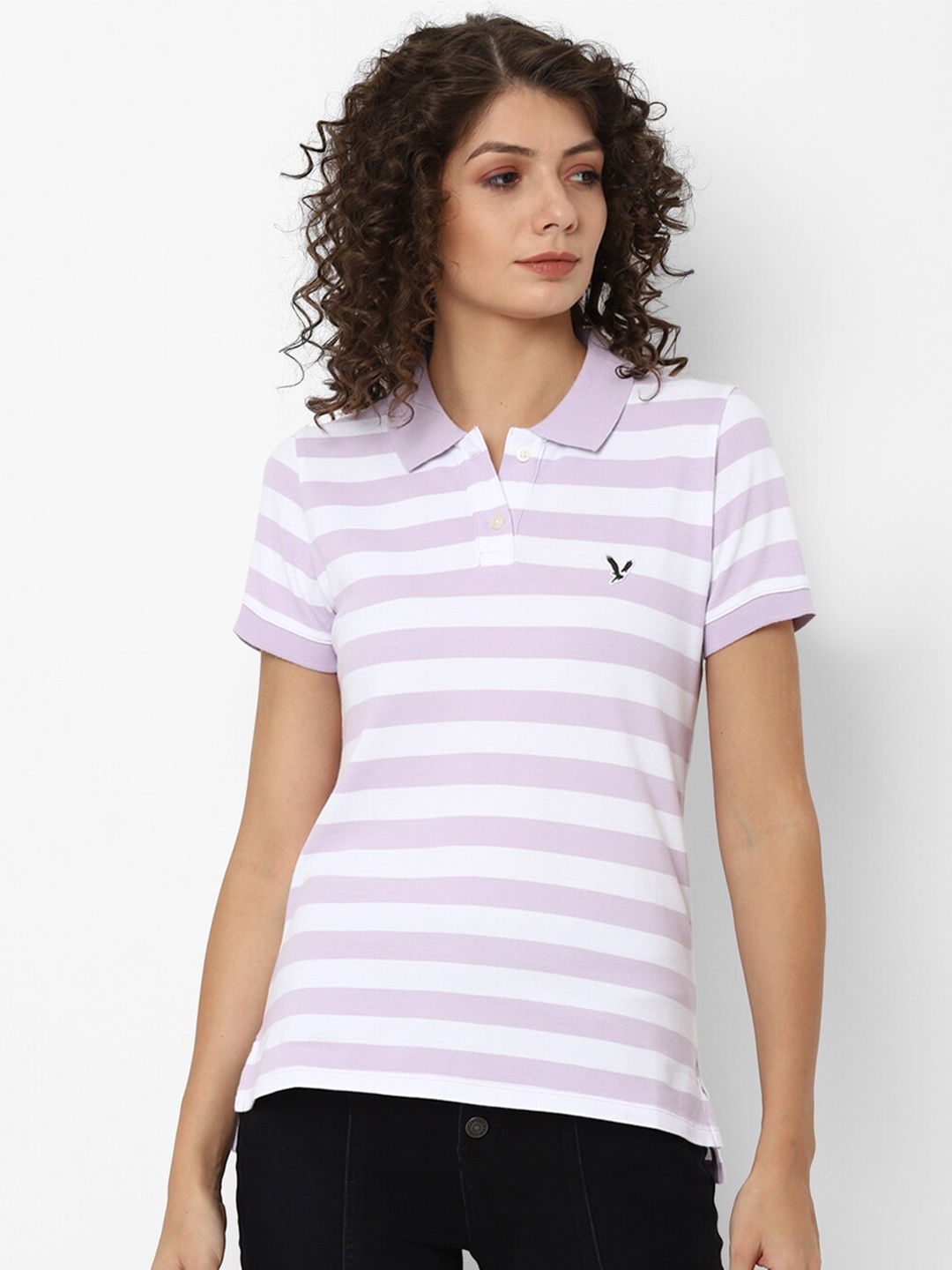 

AMERICAN EAGLE OUTFITTERS Women Purple & White Striped Polo Collar T-shirt