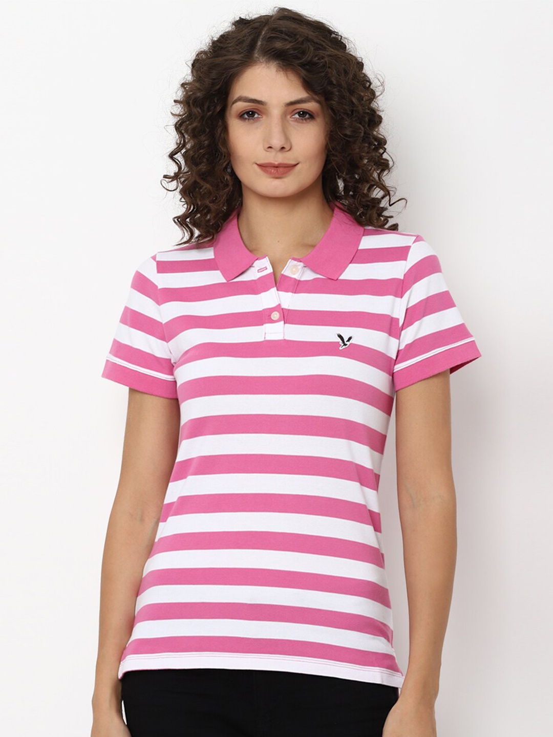 

AMERICAN EAGLE OUTFITTERS Women Pink Striped Polo Collar T-shirt