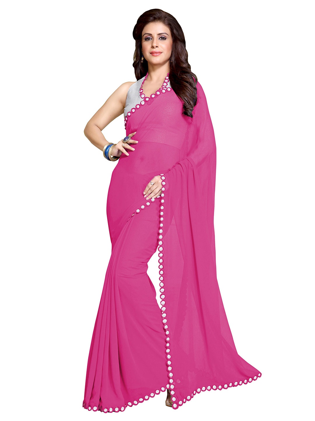 

KALINI Pink & Silver-Toned Mirror Work Saree