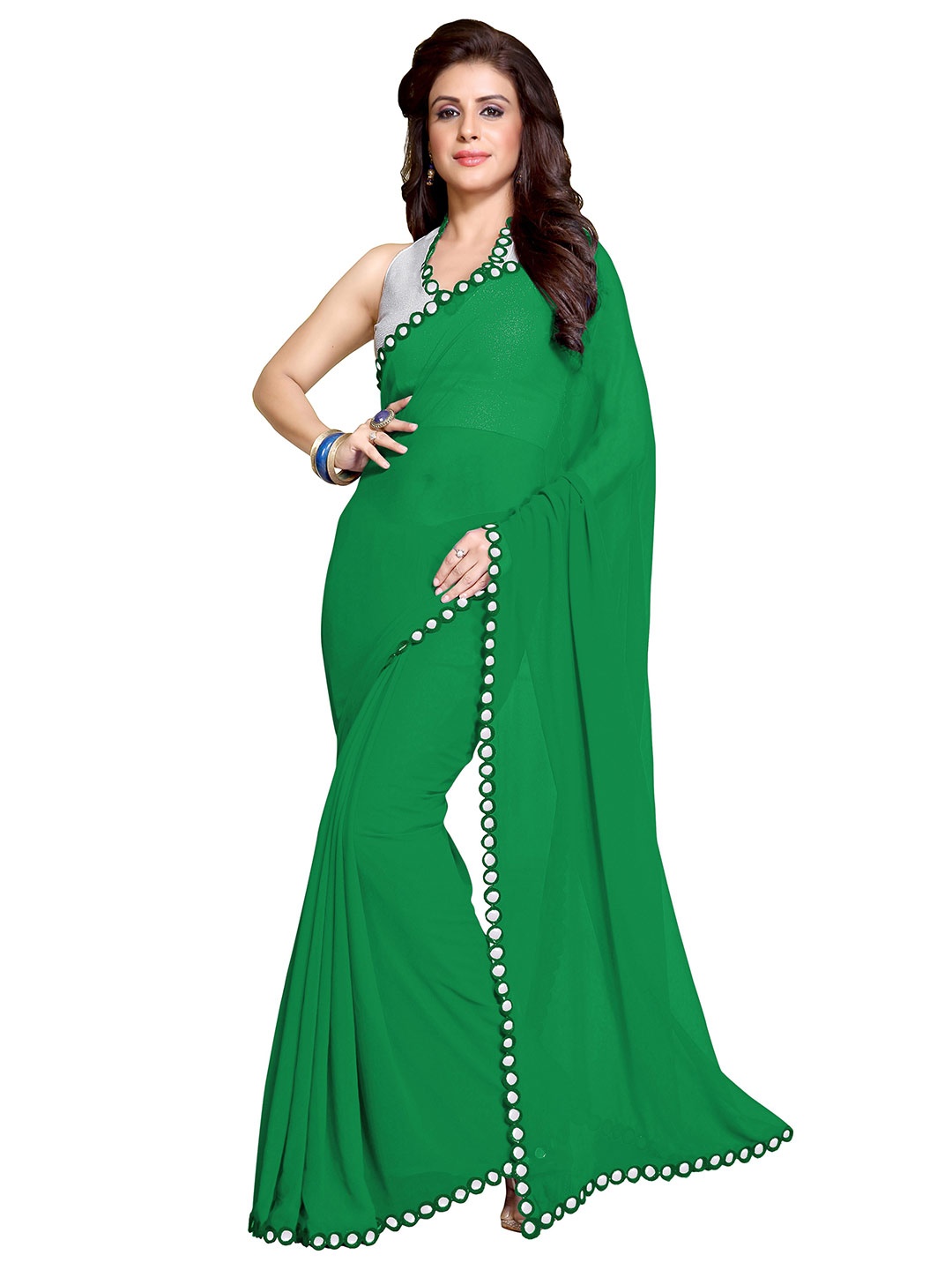 

KALINI Green & Silver-Toned Mirror Work Designer Saree