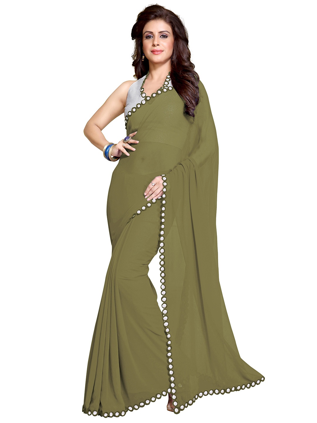 

KALINI Olive Green & Silver-Toned Mirror Work Designer Saree