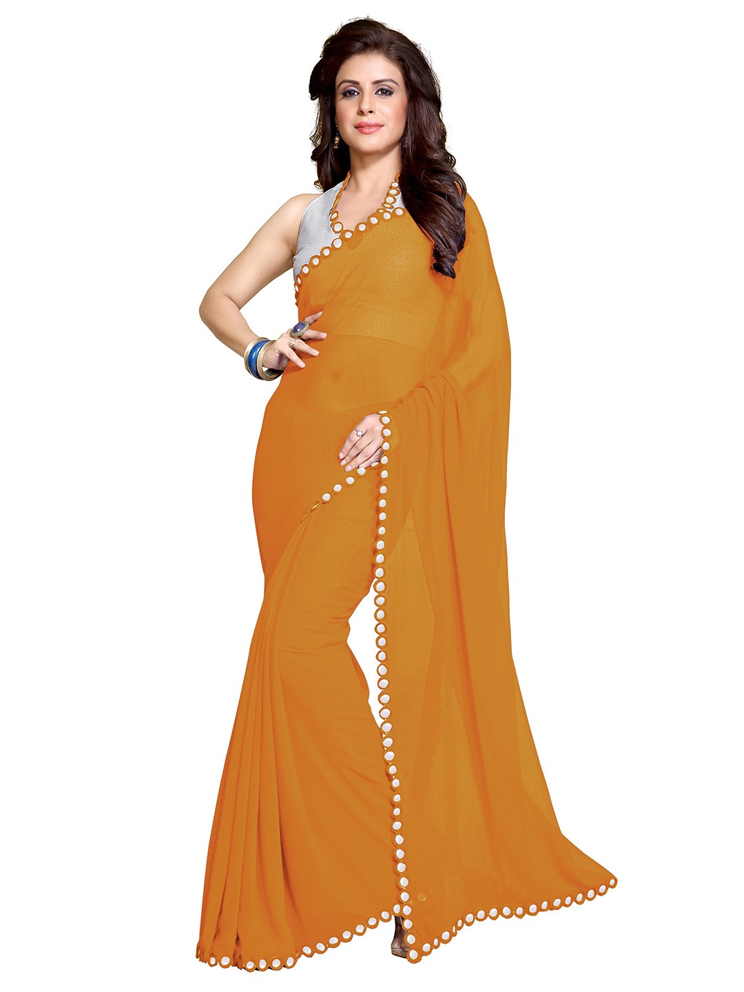 

KALINI Mustard & Silver-Toned Mirror Work Designer Saree