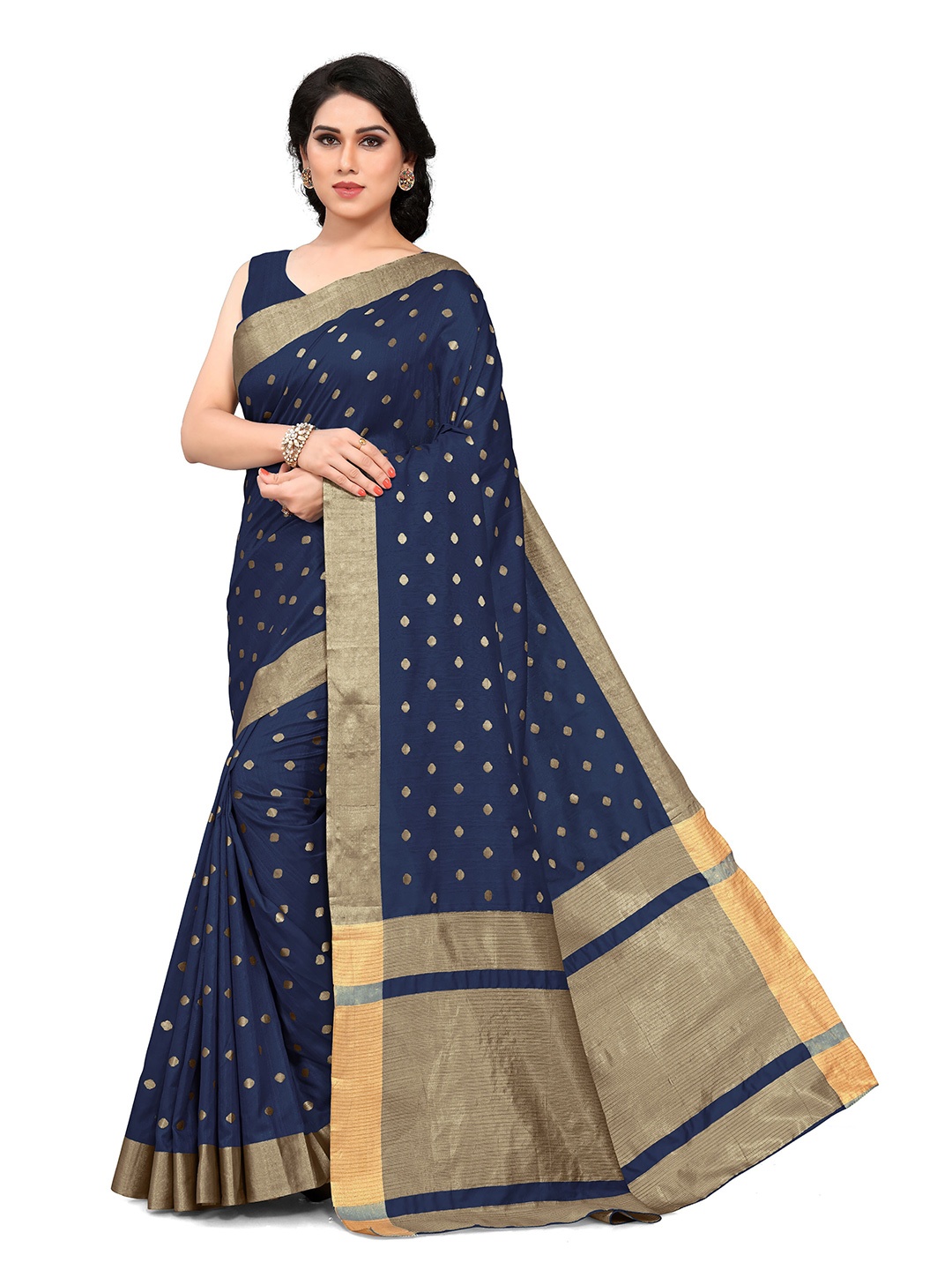 

KALINI Navy Blue & Gold-Toned Woven Design Patola Saree