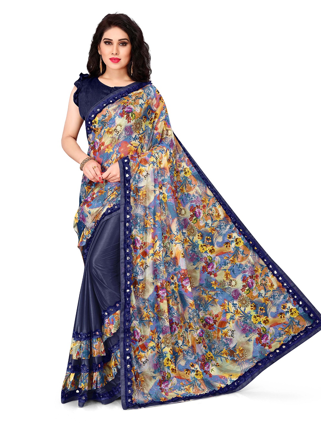 

KALINI Navy Blue & Pink Floral Mirror Work Half and Half Bagh Saree