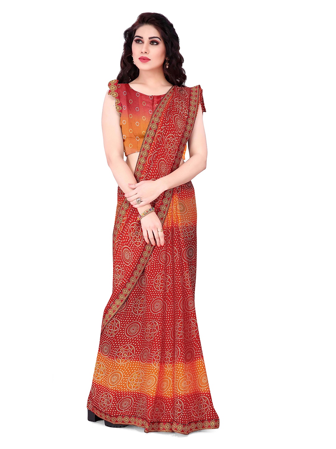 

MIRCHI FASHION Red & Yellow Bandhani Saree