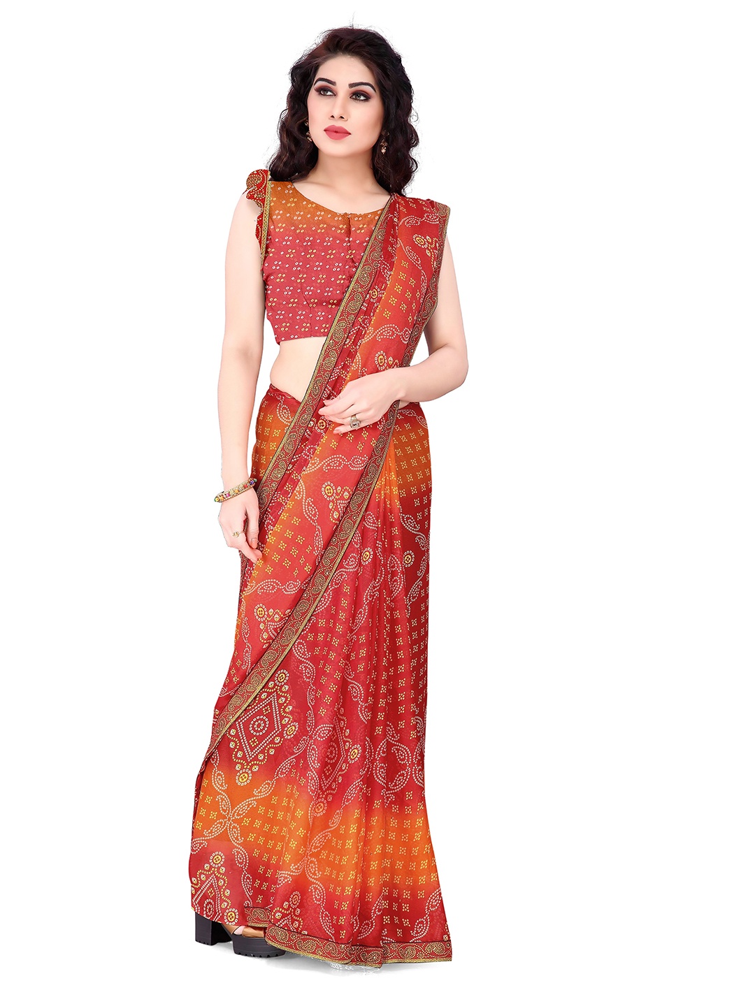 

MIRCHI FASHION Red & Orange Bandhani Saree