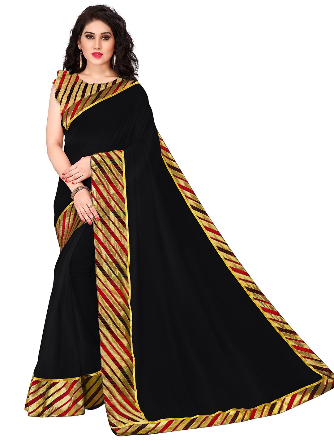 

KALINI Black & Gold-Toned Vichitra Silk Saree