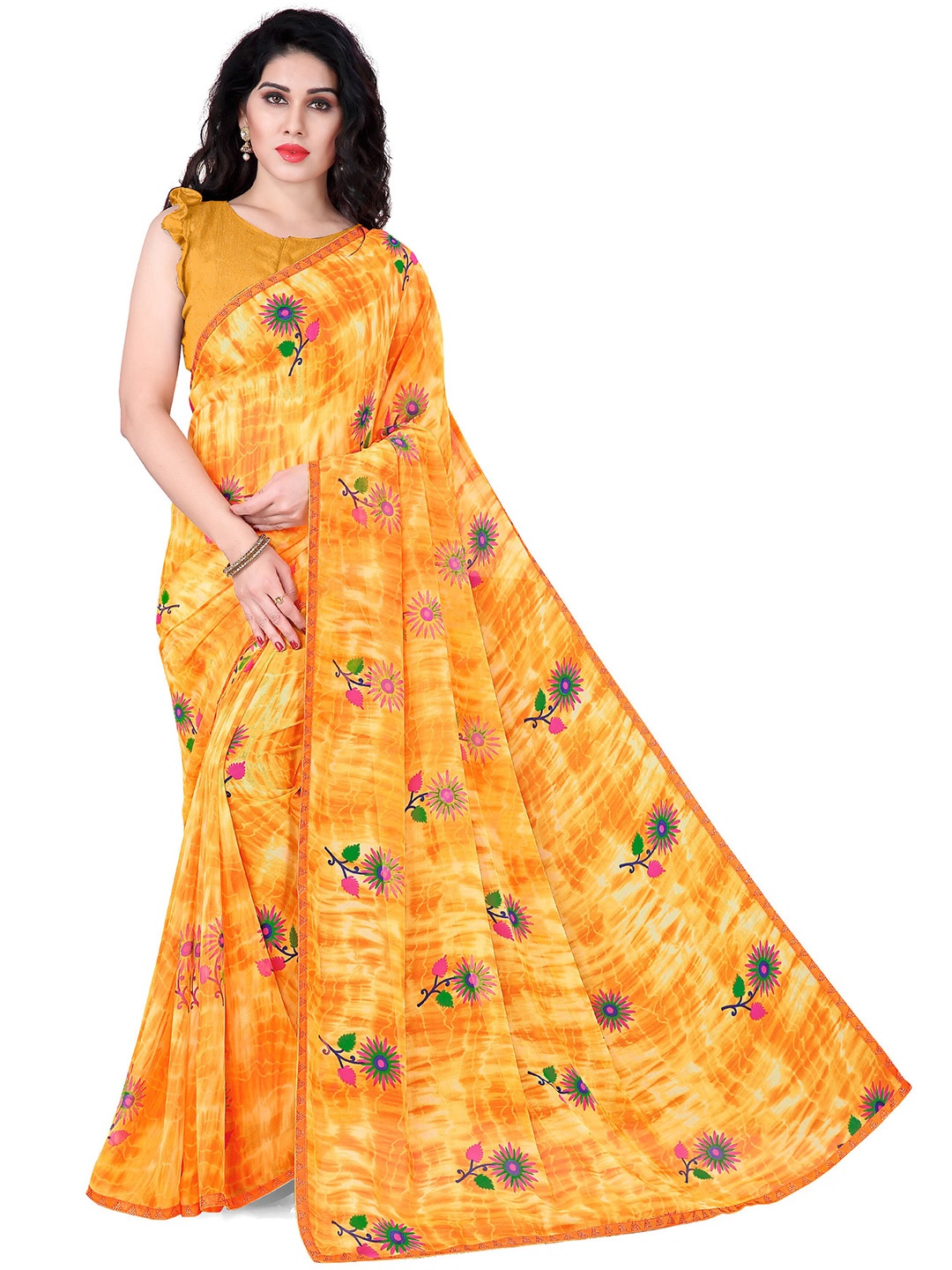 

KALINI Mustard Yellow & Pink Floral Bagh Saree