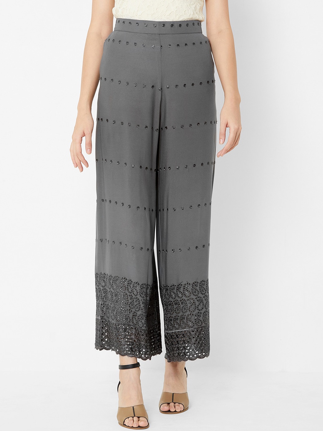 

ZOLA Women Grey Ethnic Motifs Embroidered Parallel Trousers